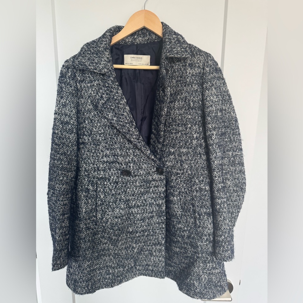 Zara Navy and White Tweed Blazer